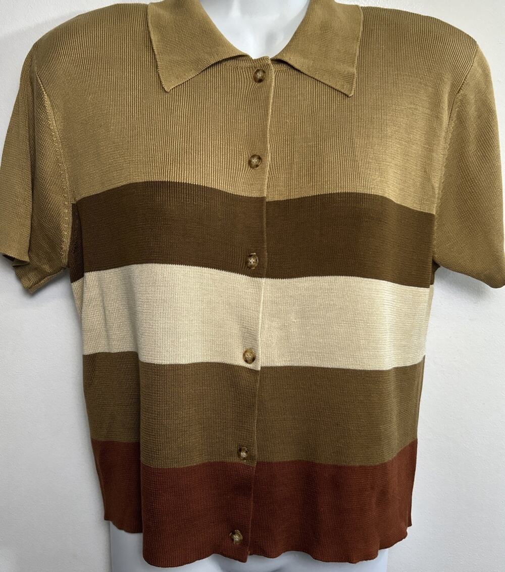 Vintage 90’s Jones NY 100% Silk Knit Stripes S/S Sweater L Button Collared Retro